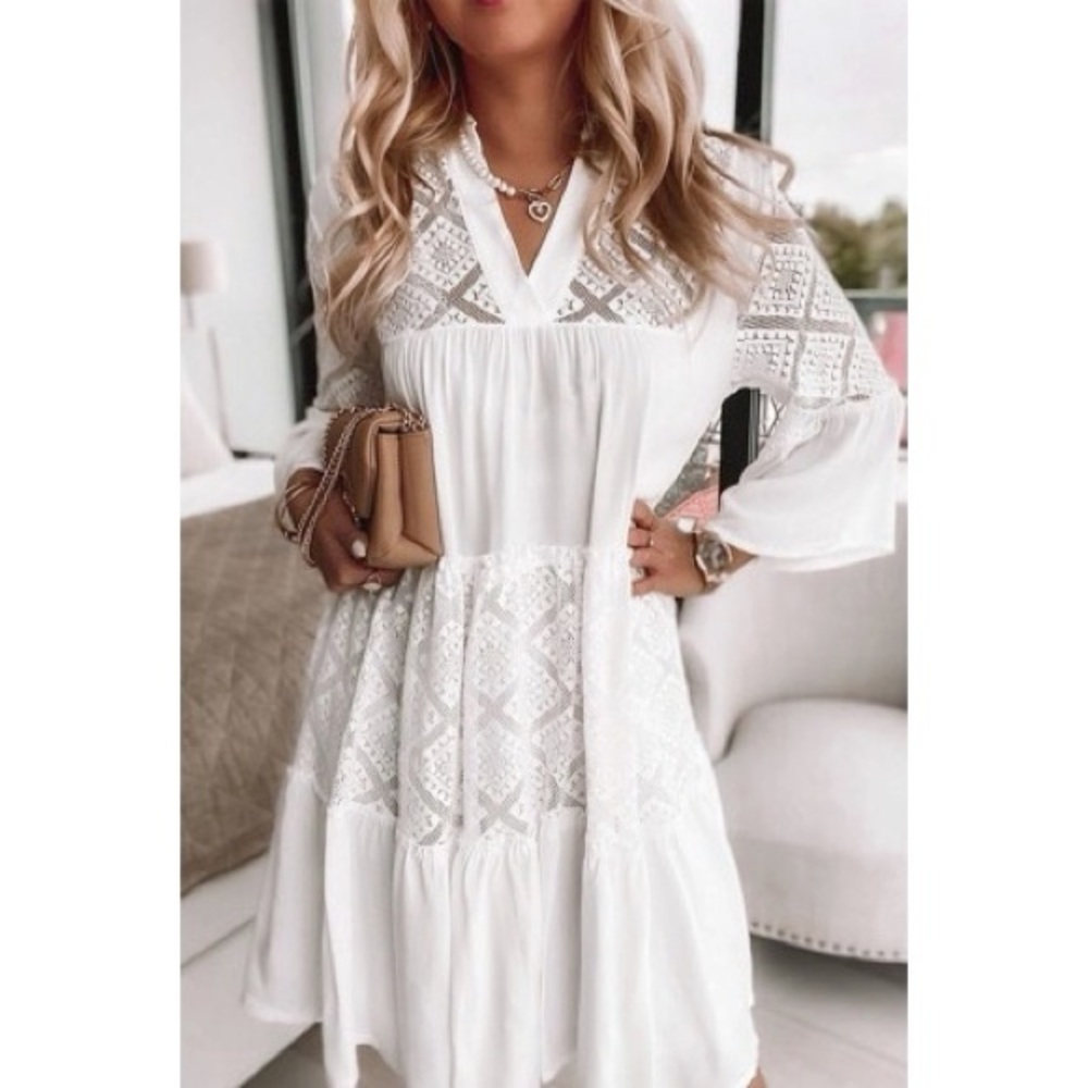 Boho White Lace V-Neck Mini Dress - Picture 5 of 5